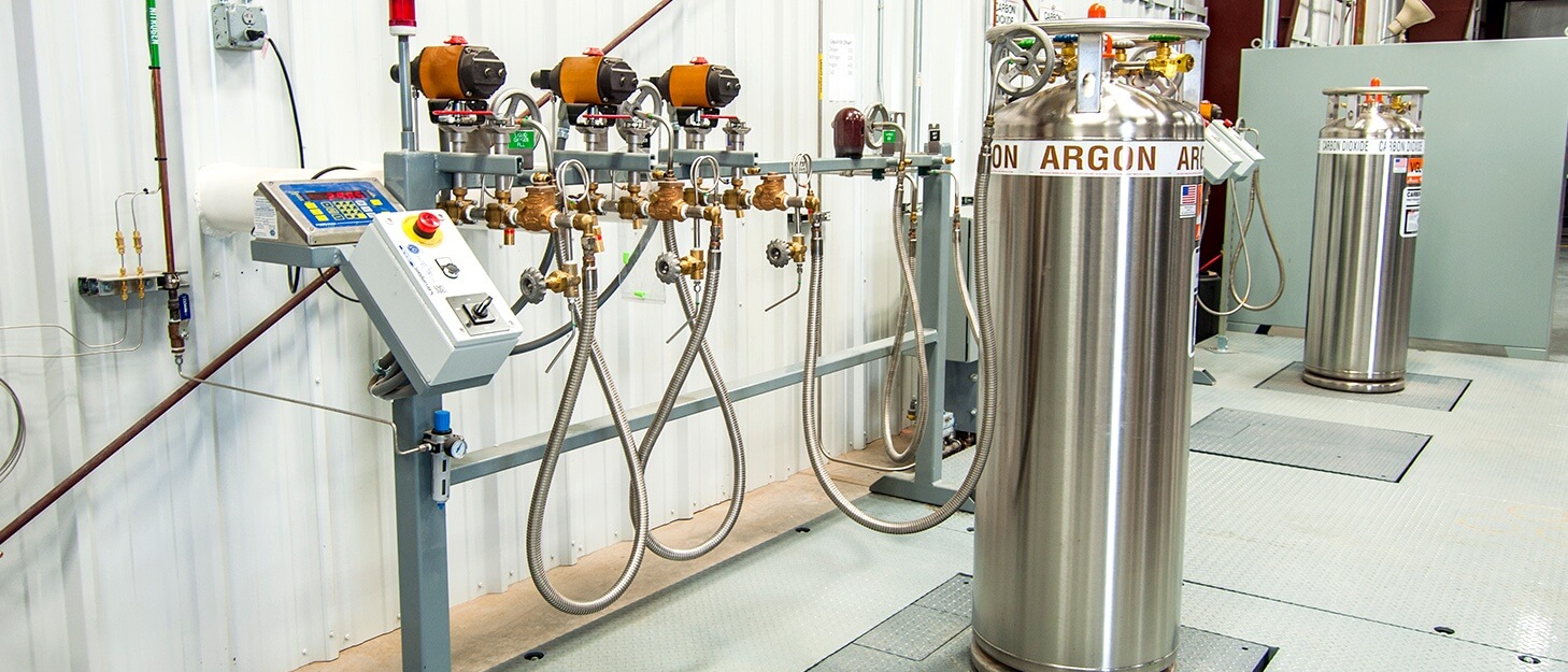 Weldcoa installed gas cylinder filling station filling a gas cylinder with Argon gas
